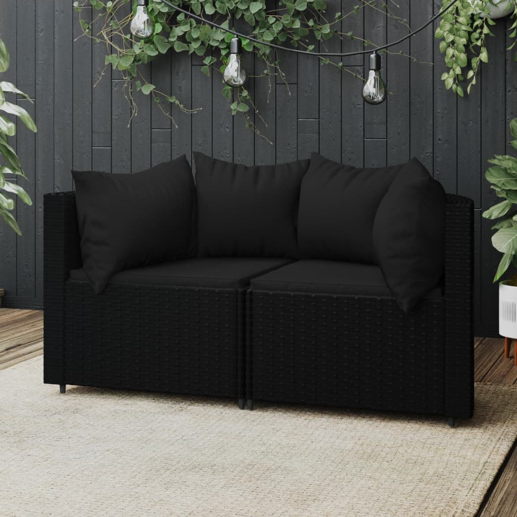 vidaXL Patio Corner Sofas with Cushions 2 pcs Black Poly Rattan-0