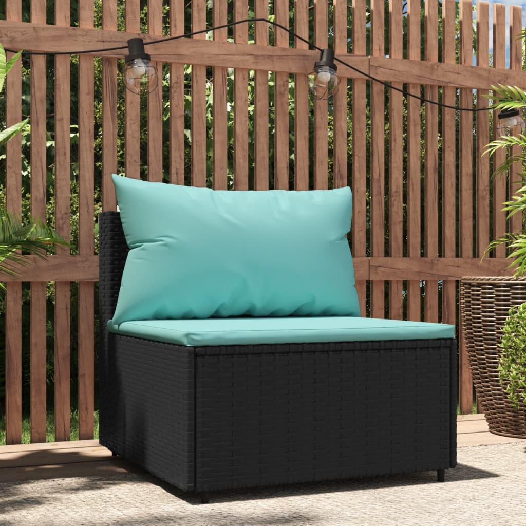 vidaXL Patio Middle Sofa with Cushions Black Poly Rattan-0