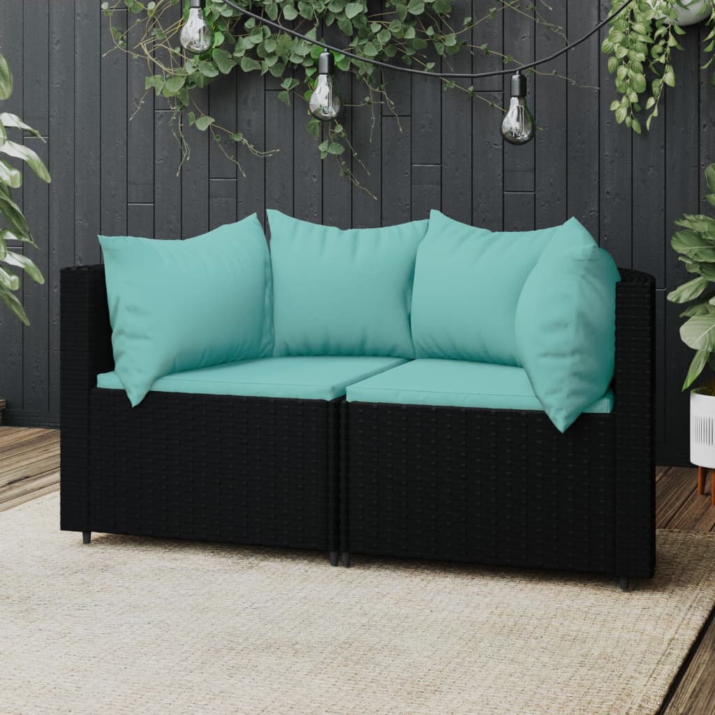 vidaXL Patio Corner Sofas with Cushions 2 pcs Black Poly Rattan-0