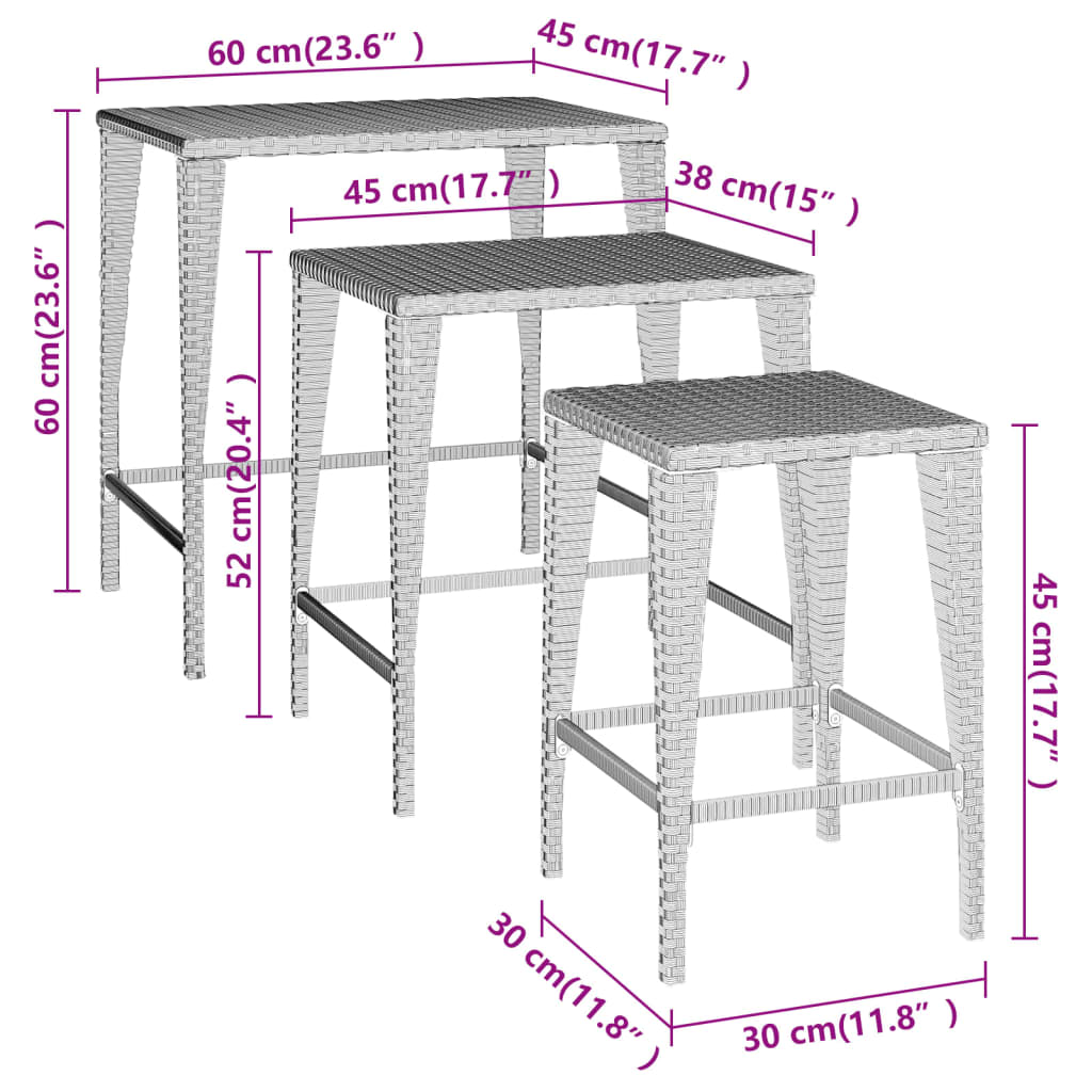 vidaXL Nesting Tables Accent Side Table for Living Room Set of 3 Poly Rattan-6