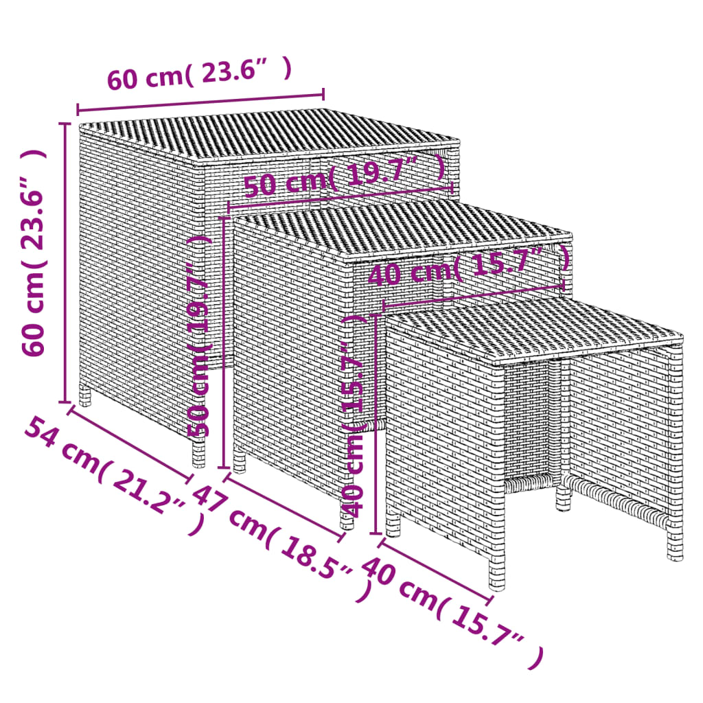 vidaXL Nesting Tables Accent Side Table for Living Room Set of 3 Poly Rattan-14