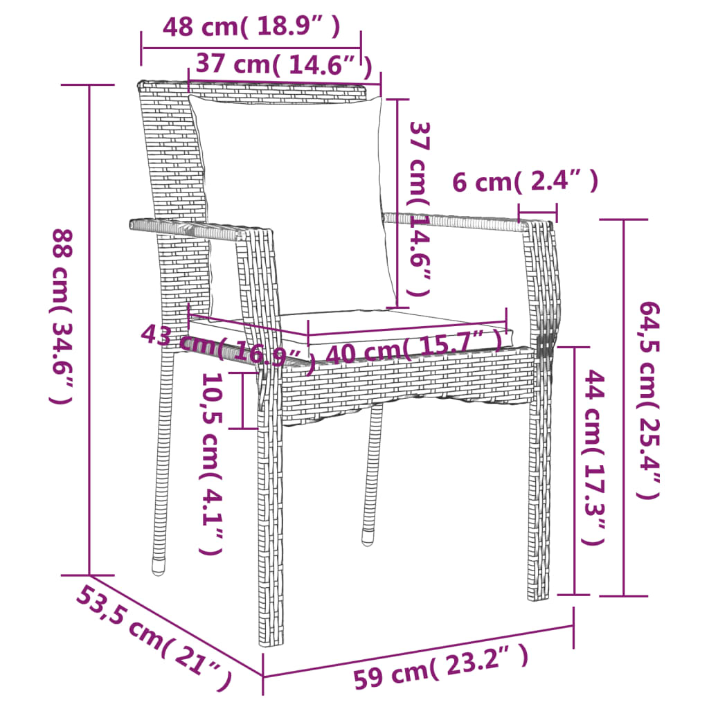 vidaXL Chair Patio Dining Chair with Cushions for Deck Garden Poly Rattan-30