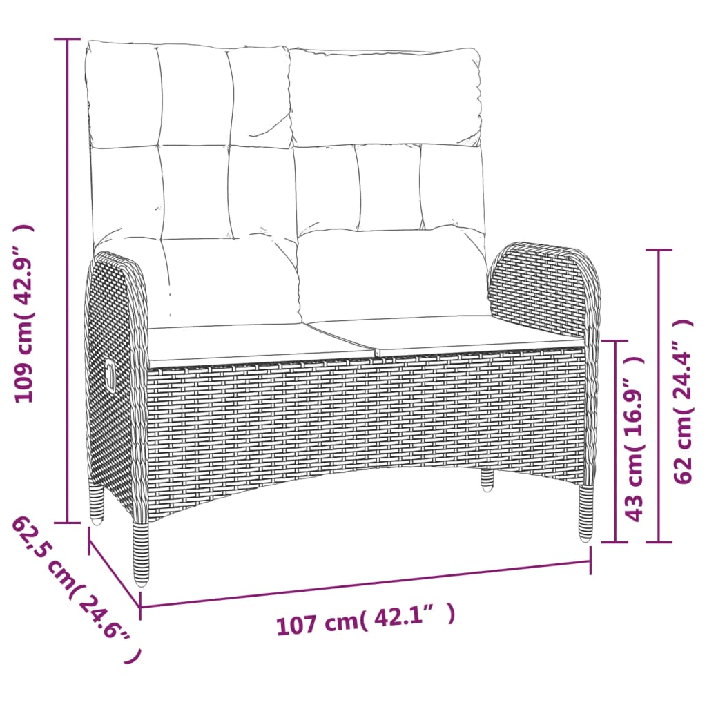 vidaXL Patio Bench Outdoor Reclining Dining Bench with Cushions Poly Rattan-0