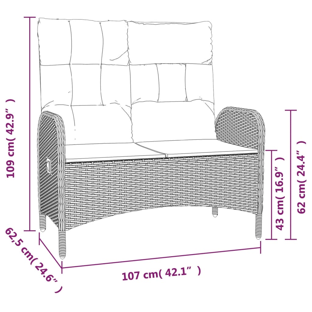 vidaXL Patio Bench Outdoor Reclining Dining Bench with Cushions Poly Rattan-12