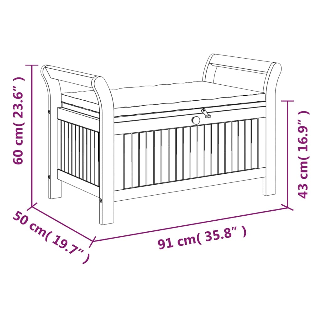 vidaXL Outdoor Storage Bench Patio Deck Box with Cushion Solid Wood Acacia-34