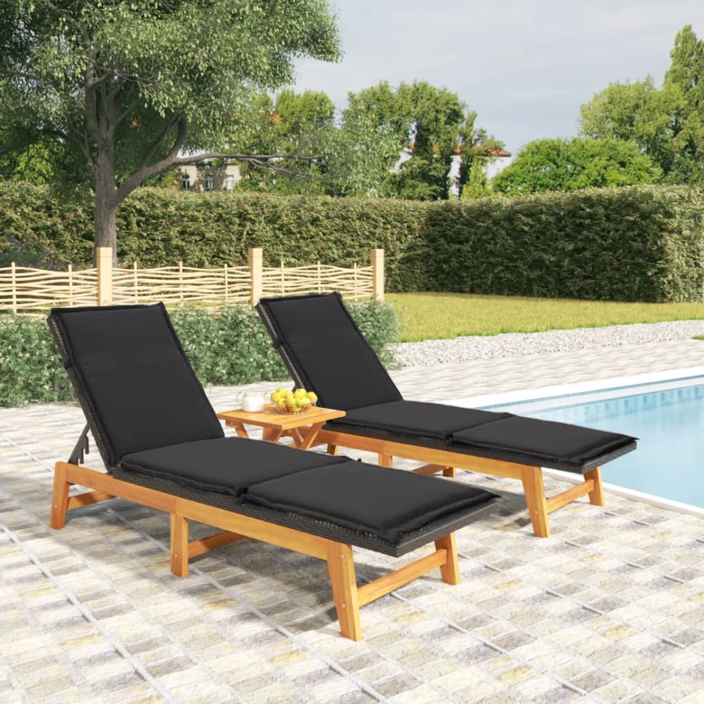 vidaXL Sun Loungers with Cushions 2 pcs Poly Rattan and Solid Wood Acacia-0