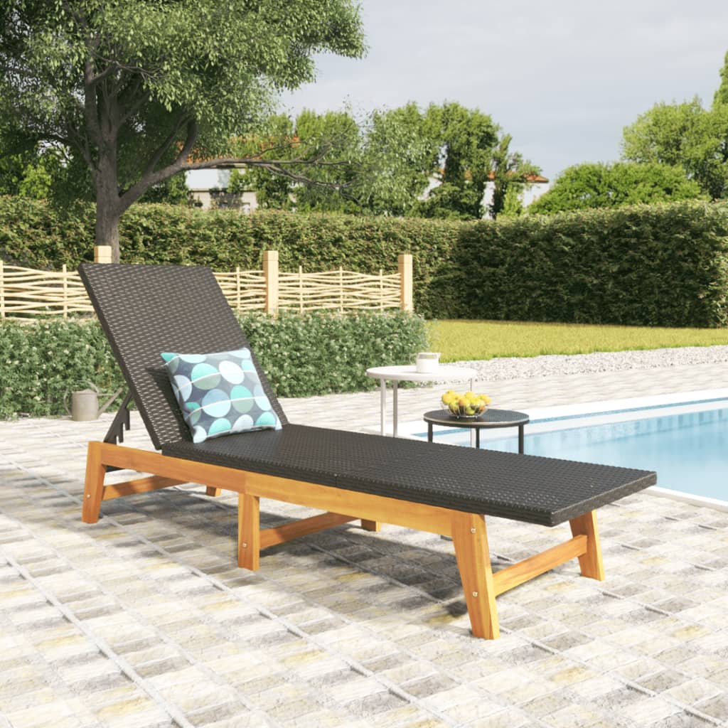 vidaXL Sun Lounger Black and Brown Poly Rattan and Solid Wood Acacia-0