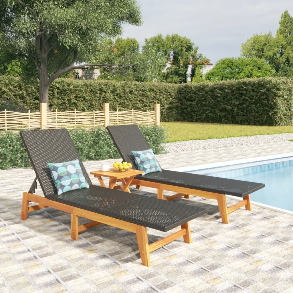 vidaXL Sun Loungers 2 pcs Black and Brown Poly Rattan and Solid Wood Acacia-0