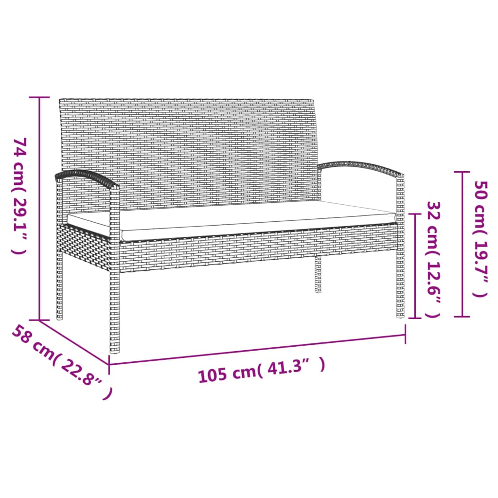 vidaXL Garden Bench Outdoor Wicker Patio Park Bench with Cushion Poly Rattan-30