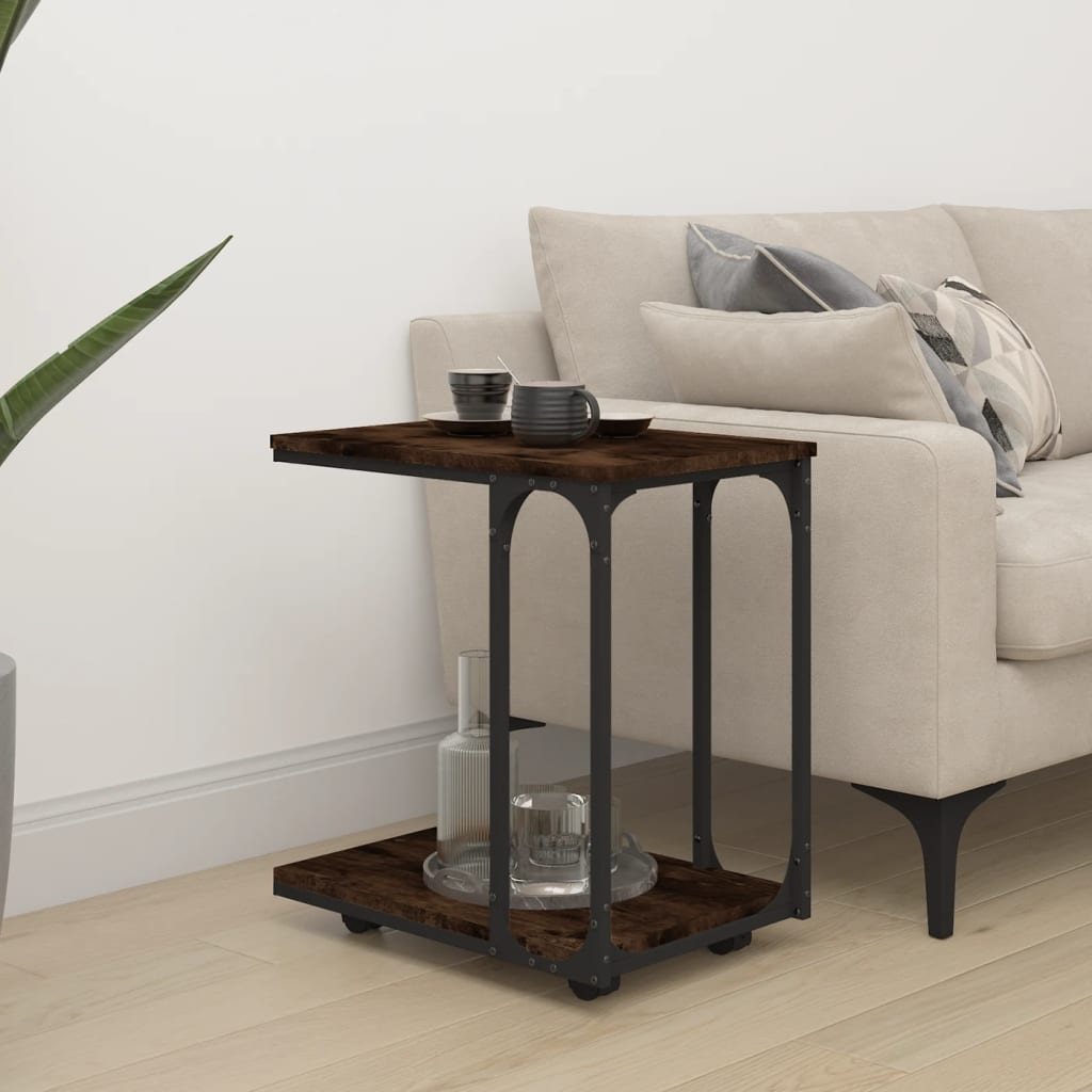 vidaXL Side Table with Wheels Smoked Oak 19.7"x13.8"x21.9" Engineered Wood-4