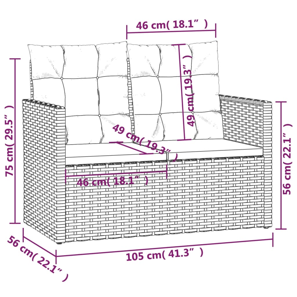 vidaXL Patio Bench with Cushions Black 41.3" Poly Rattan-6