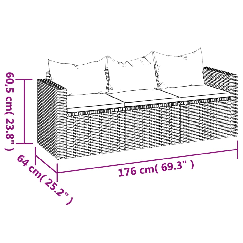 vidaXL 3 Seat Patio Sofa Outdoor Conversation Sofa with Cushions Poly Rattan-8