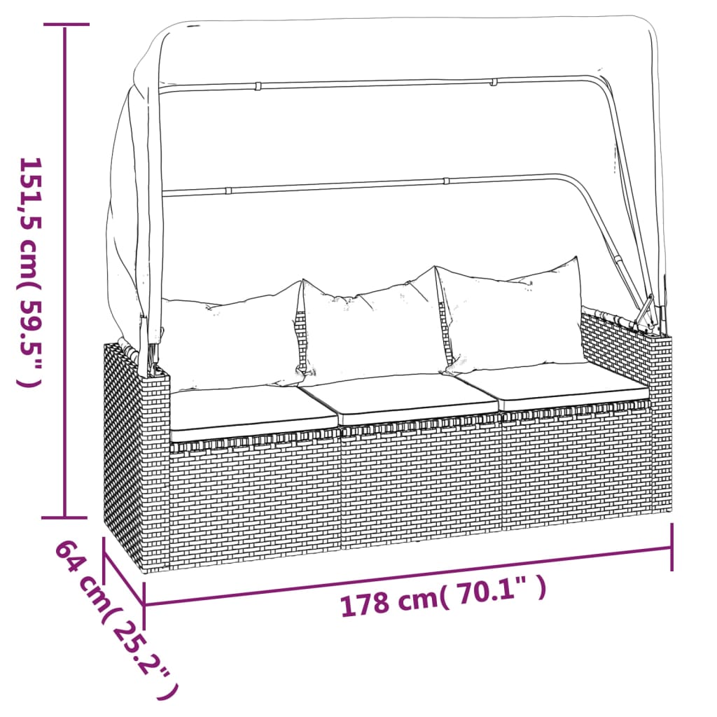 vidaXL 3-Seater Patio Sofa with Roof and Footstool Garden Couch Poly Rattan-2