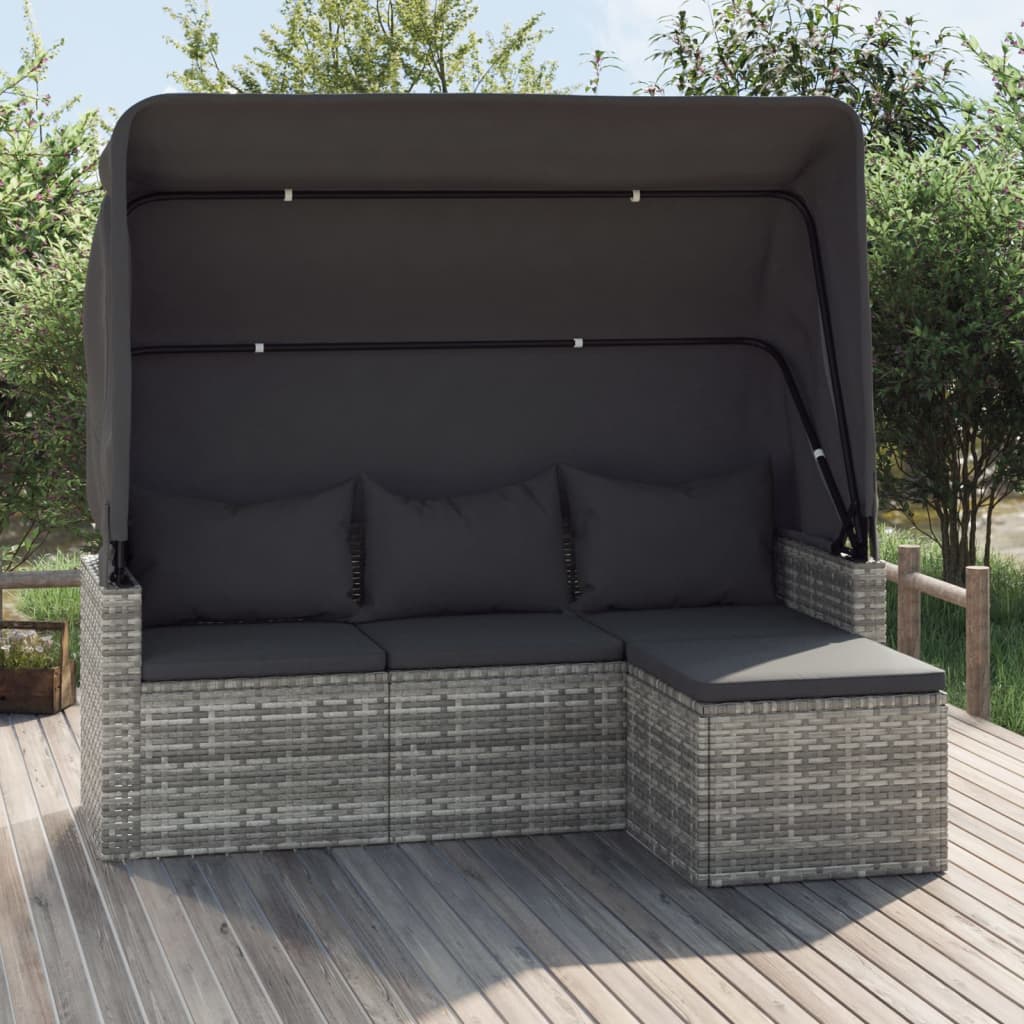 vidaXL 3-Seater Patio Sofa with Roof and Footstool Garden Couch Poly Rattan-10