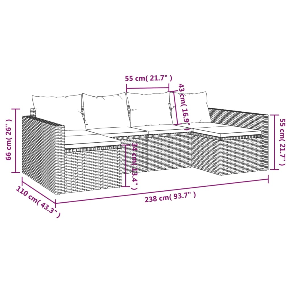 vidaXL Patio Furniture Set 2 Piece Sectional Sofa with Cushions Poly Rattan-16