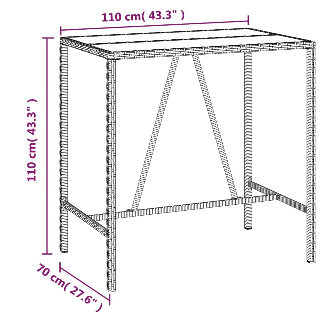 vidaXL Bar Table with Glass Top Black 43.3"x27.6"x43.3" Poly Rattan-17