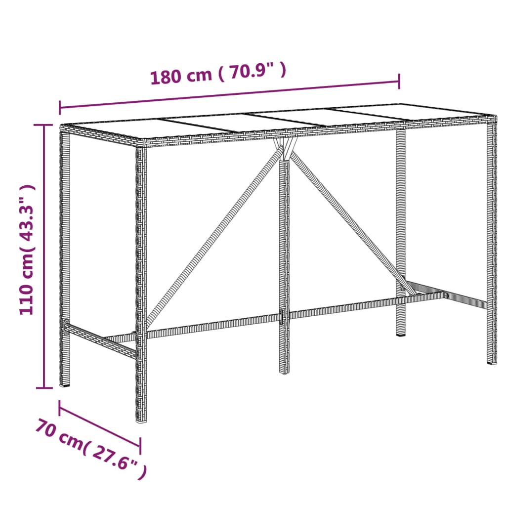 vidaXL Bar Table with Glass Top Black 43.3"x27.6"x43.3" Poly Rattan-14