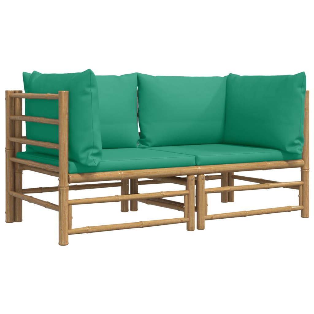 vidaXL Patio Corner Sofas with Green Cushions 2 pcs Bamboo-1