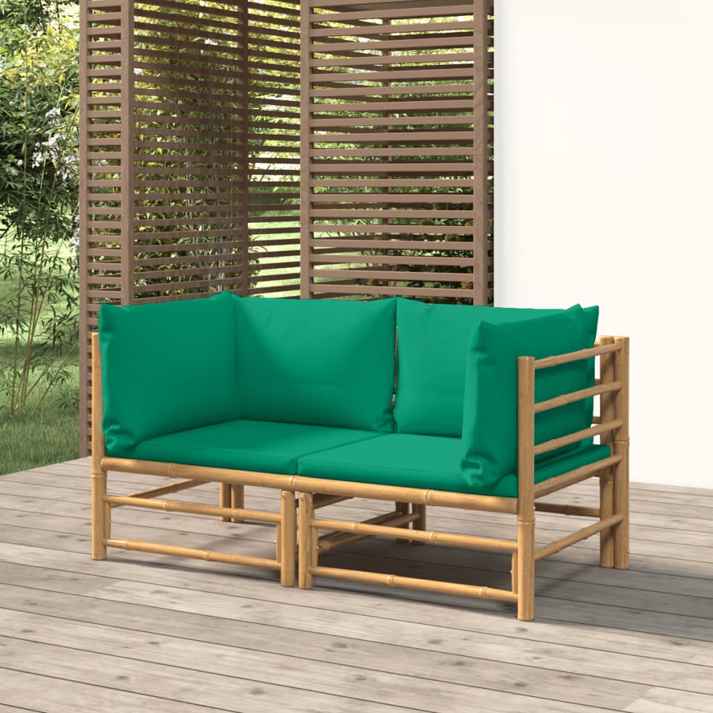 vidaXL Patio Corner Sofas with Green Cushions 2 pcs Bamboo-0