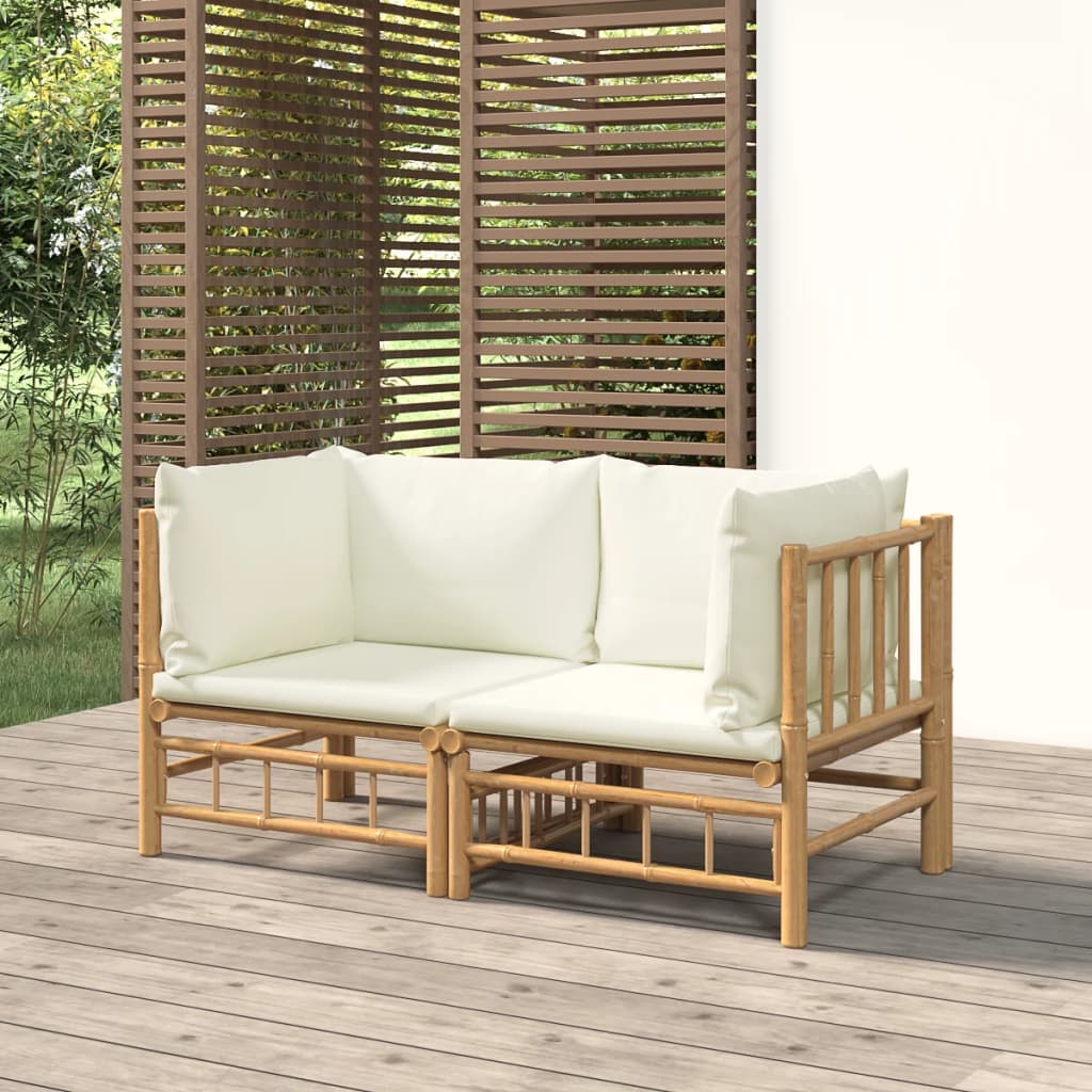 vidaXL Patio Corner Sofas with Cream White Cushions 2 pcs Bamboo-0