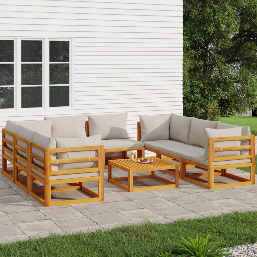 vidaXL 9 Piece Patio Lounge Set with Light Gray Cushions Solid Wood-0