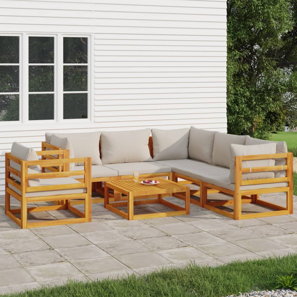 vidaXL 7 Piece Patio Lounge Set with Light Gray Cushions Solid Wood-0