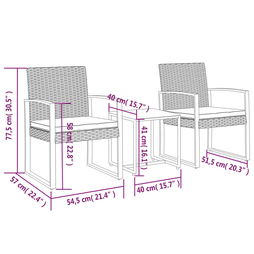 vidaXL Patio Dining Set 3 Pcs Outdoor Table and Chair with Cushions PP Rattan-12