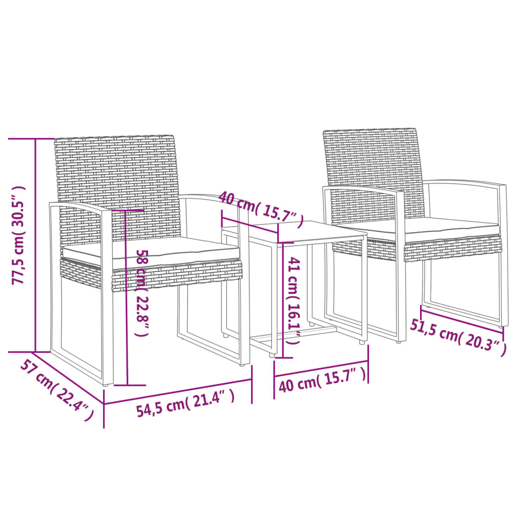 vidaXL Patio Dining Set 3 Pcs Outdoor Table and Chair with Cushions PP Rattan-13