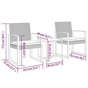 vidaXL Patio Dining Set 3 Pcs Outdoor Table and Chair with Cushions PP Rattan-13