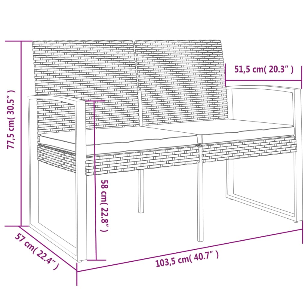 vidaXL Outdoor Bench 2-Seater Bench with Cushions for Porch Deck PP Rattan-11