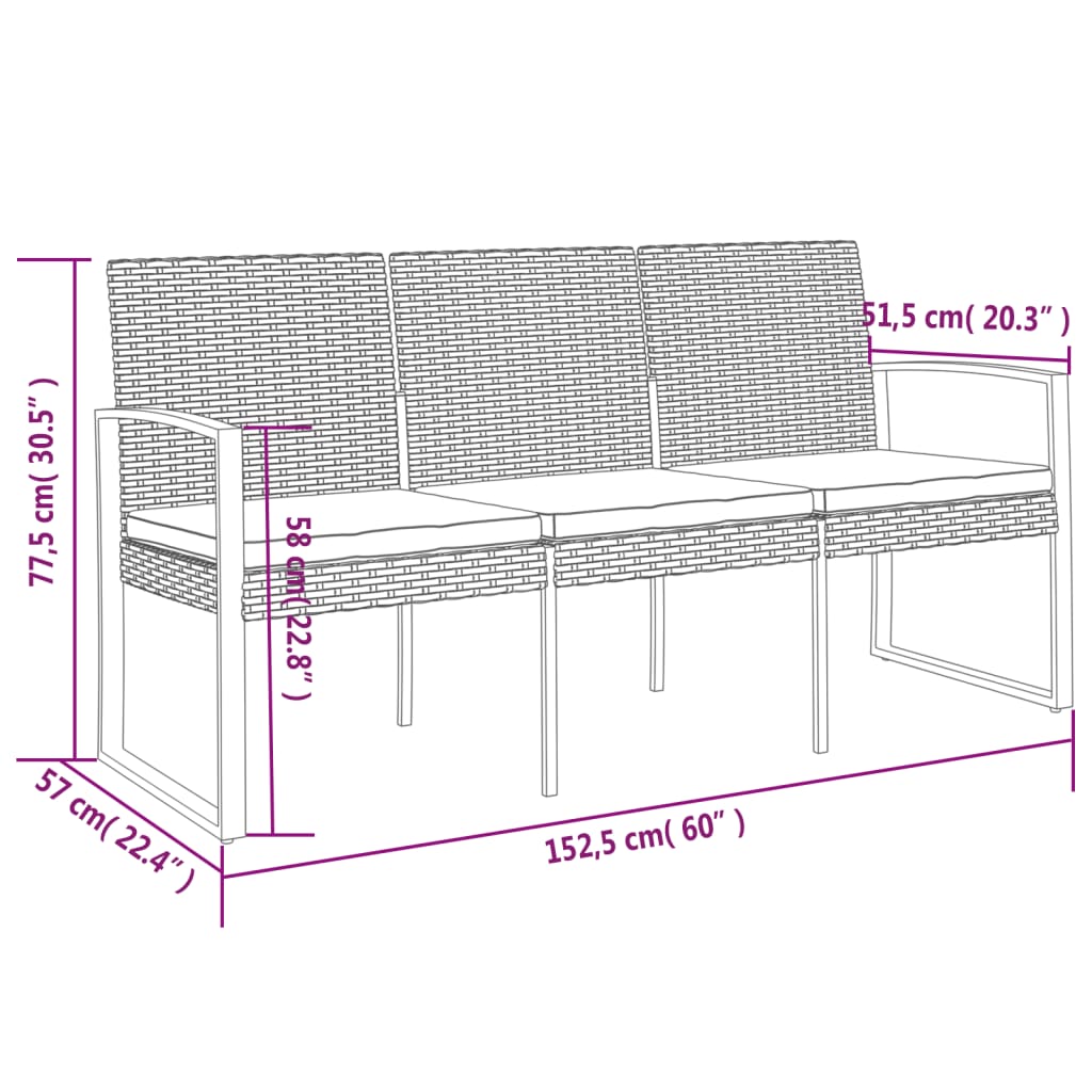 vidaXL Outdoor Bench 3-Seater Bench with Cushions for Porch Deck PP Rattan-11