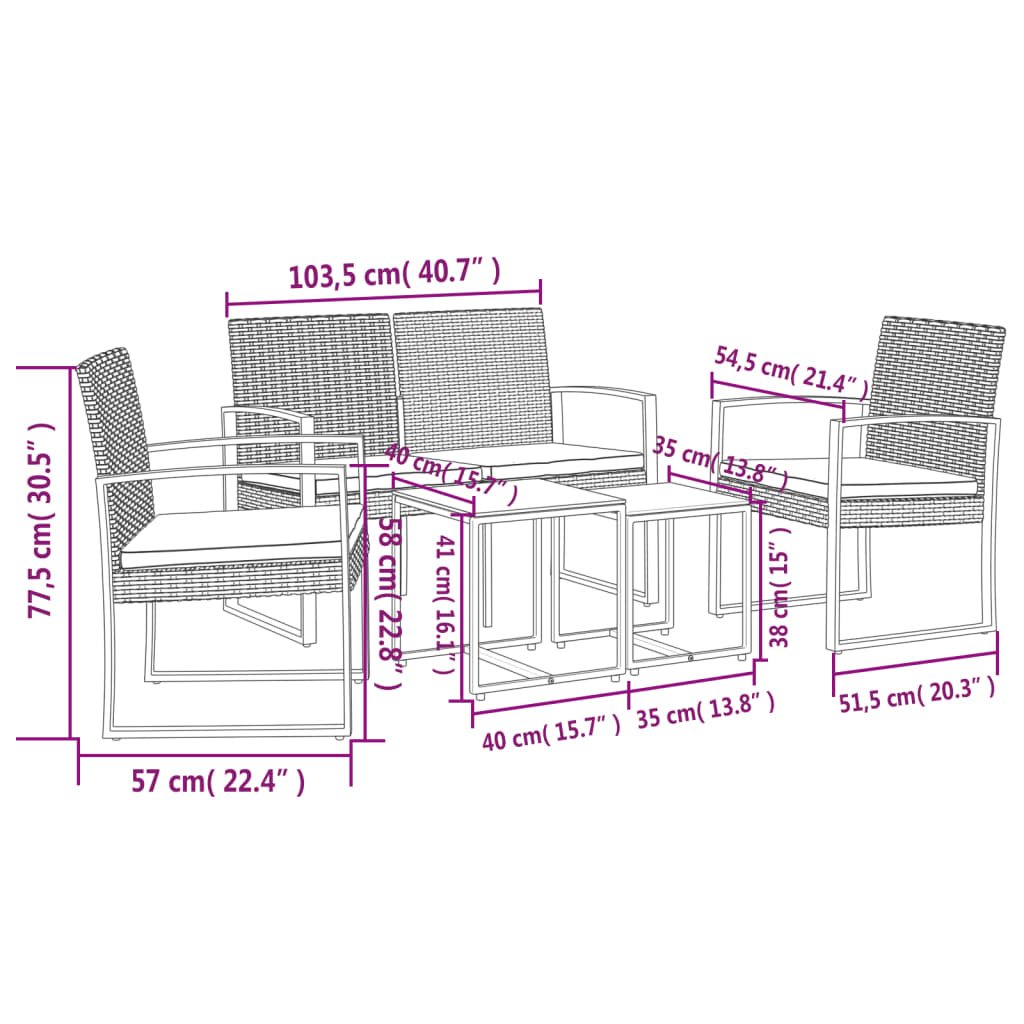 vidaXL Patio Dining Set 5 Pcs Outdoor Table and Chair with Cushions PP Rattan-9