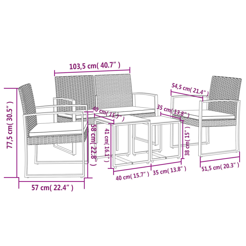 vidaXL Patio Dining Set 5 Pcs Outdoor Table and Chair with Cushions PP Rattan-6