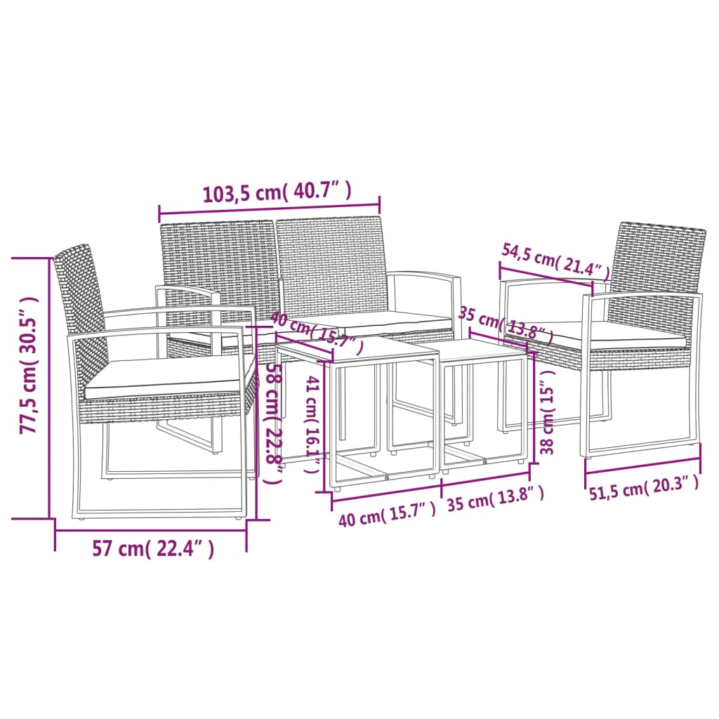 vidaXL Patio Dining Set 5 Pcs Outdoor Table and Chair with Cushions PP Rattan-16