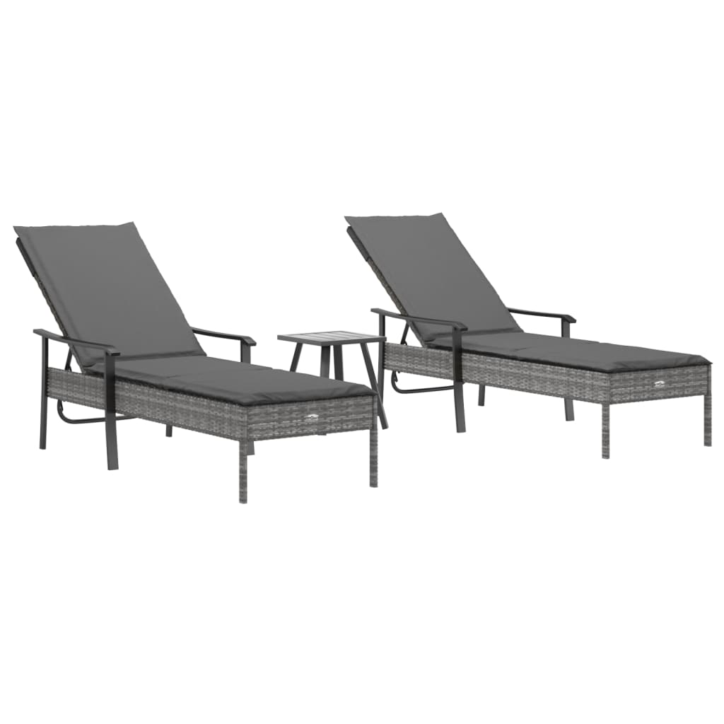 vidaXL Sun Loungers 2 pcs with Table and Cushions Gray Poly Rattan-1