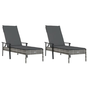 vidaXL Sun Loungers 2 pcs with Table and Cushions Gray Poly Rattan-2