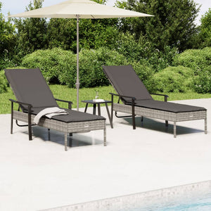 vidaXL Sun Loungers 2 pcs with Table and Cushions Gray Poly Rattan-0