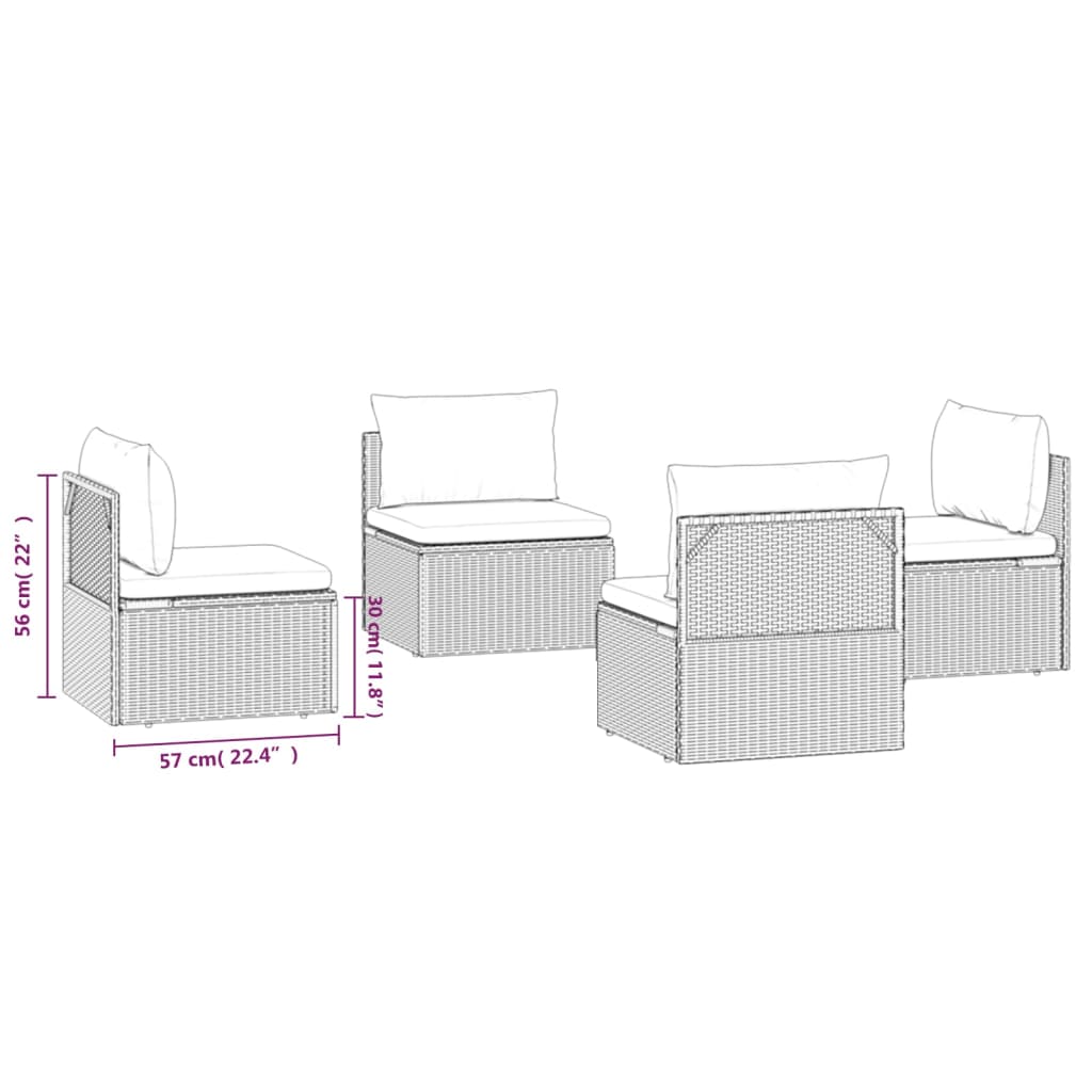 vidaXL Patio Middle Sofas 4 pcs Gray 22.4"x22.4"x22" Poly Rattan-3