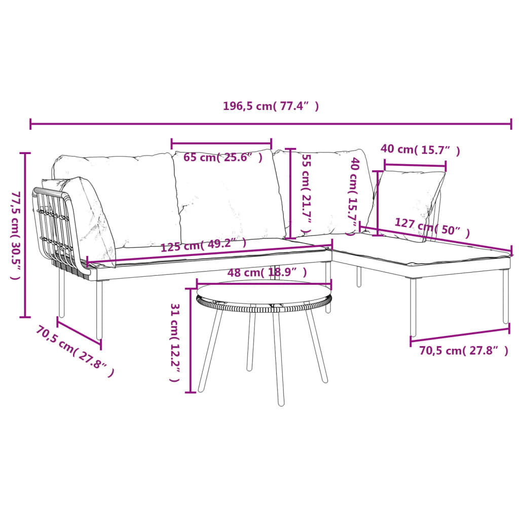 vidaXL Patio Furniture Set 3 Piece Table and Chair with Cushions Poly Rattan-14