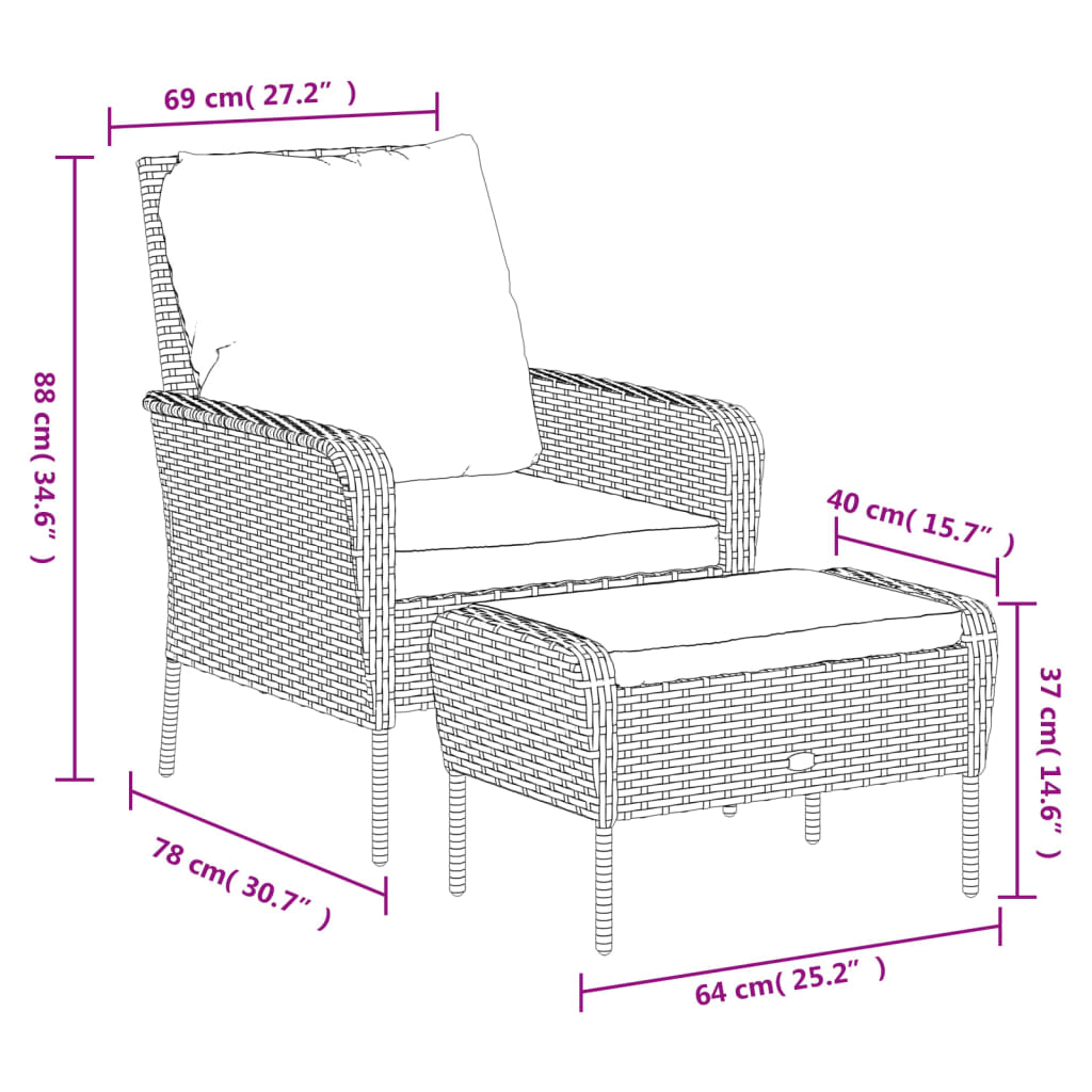 vidaXL Patio Chair Patio Furniture Seating Lawn Chair with Stool Poly Rattan-19