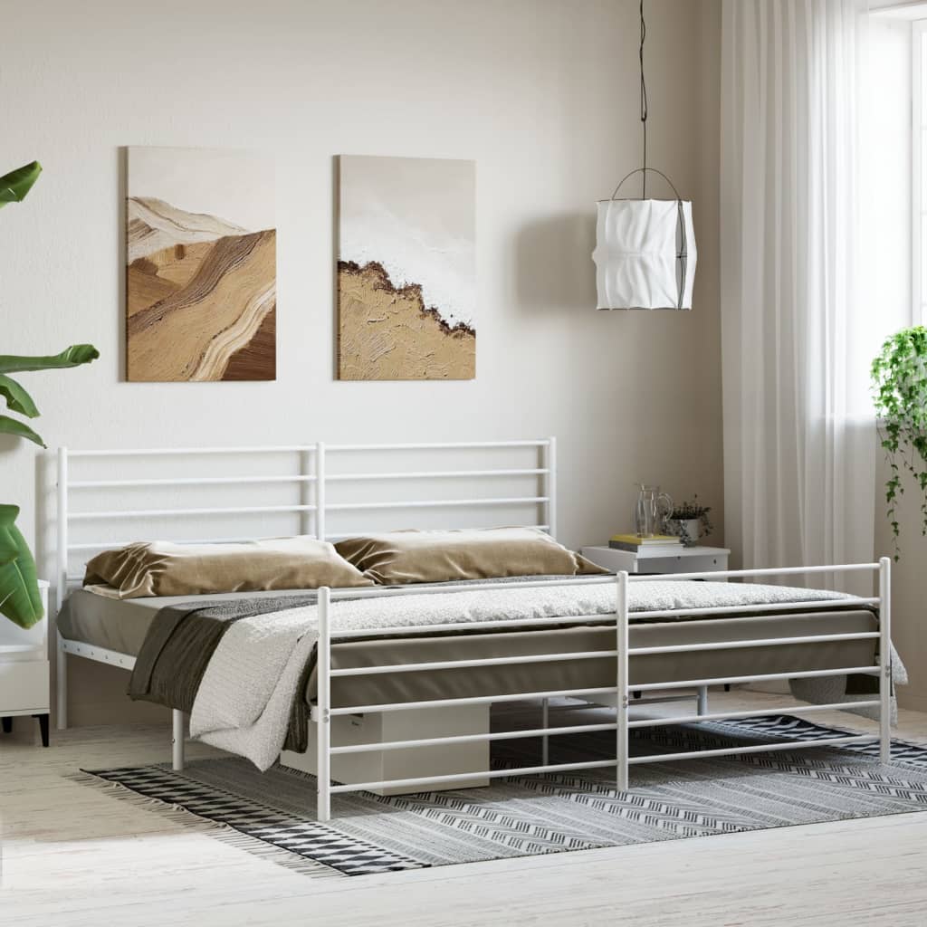 vidaXL Metal Bed Frame with Headboard and Footboard White 76"x79.9" King-1