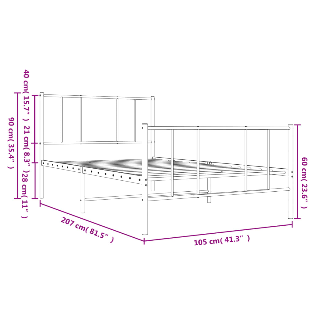 vidaXL Metal Bed Frame with Headboard and Footboard Black 39.4"x78.7"-3