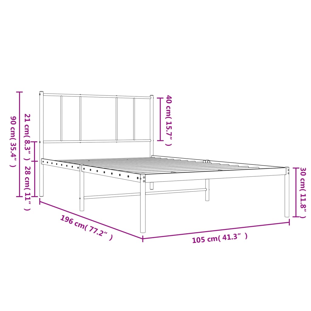 vidaXL Metal Bed Frame with Headboard White 39.4"x74.8" Twin-3