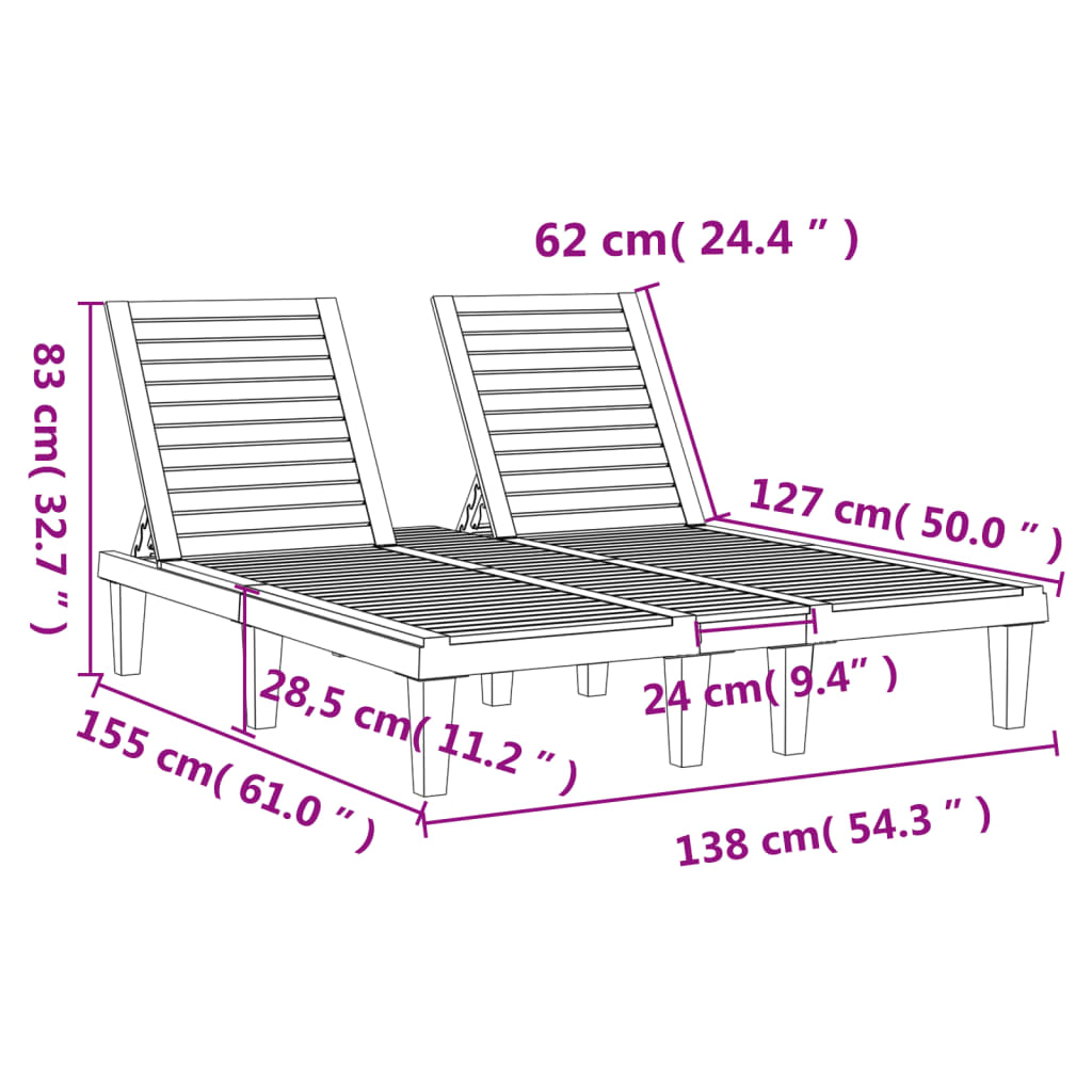 vidaXL Double Sun Lounger Black 61"x54.3"x32.7" Polypropylene-5