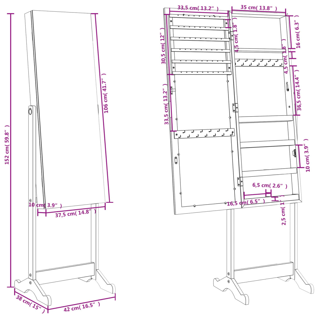 vidaXL Jewelry Armoire Freestanding Lockable Storage Cabinet Organizer Unit-16