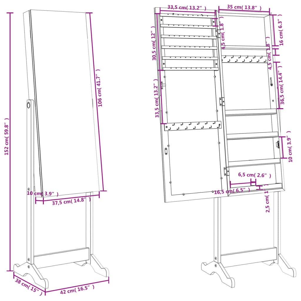 vidaXL Jewelry Armoire Freestanding Lockable Storage Cabinet Organizer Unit-30