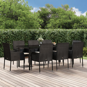 vidaXL 9 Piece Patio Dining Set with Cushions Black Poly Rattan-62