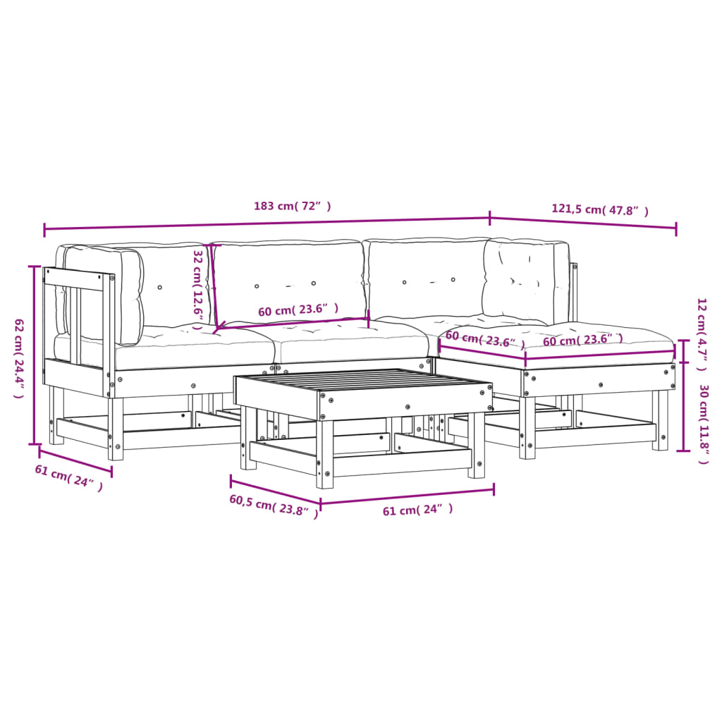 vidaXL Patio Lounge Set with Cushions Outdoor Furniture Set 5 Piece Solid Wood-14