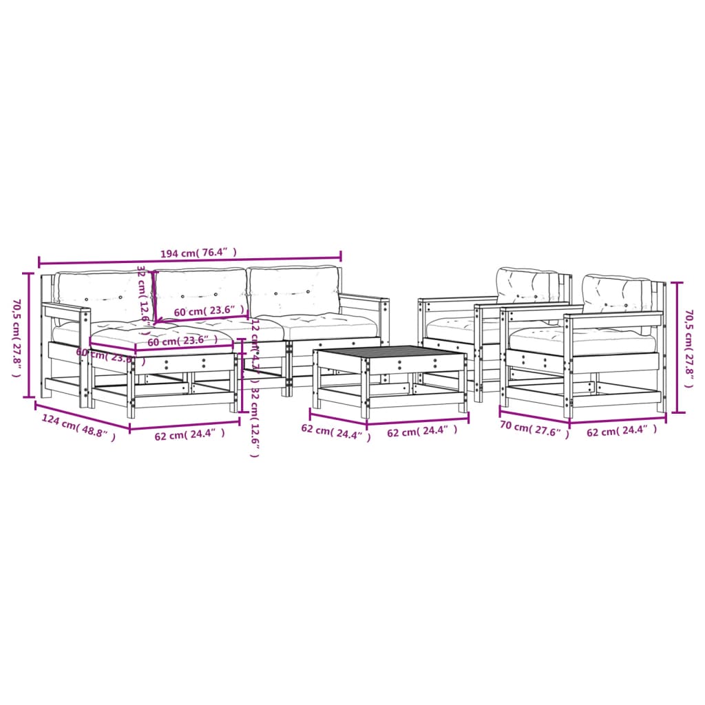 vidaXL Patio Lounge Set with Cushions Outdoor Furniture Set 7 Piece Solid Wood-15