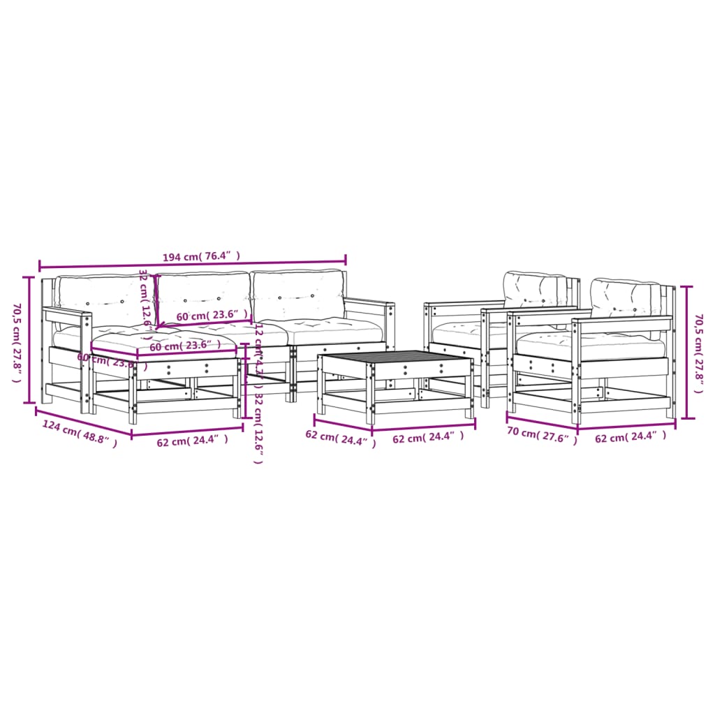 vidaXL Patio Lounge Set with Cushions Outdoor Furniture Set 7 Piece Solid Wood-14